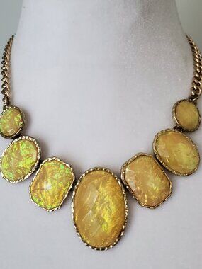 Vintage 90s Opulescent Style Statement Neckace Gold tone Bezelled Faux Stones